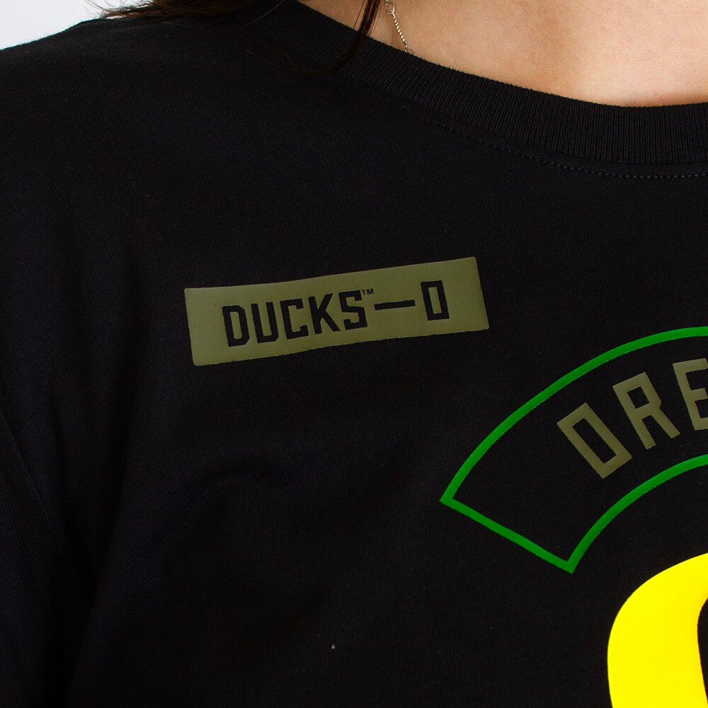 Classic Oregon O, Nike, Black, Crew Neck, Cotton Blend, Women, Flag, Military Pack, T-Shirt, 954298